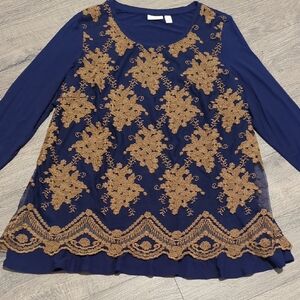 LOGO Lavish Floral Embroidered Overlay Tunic Top